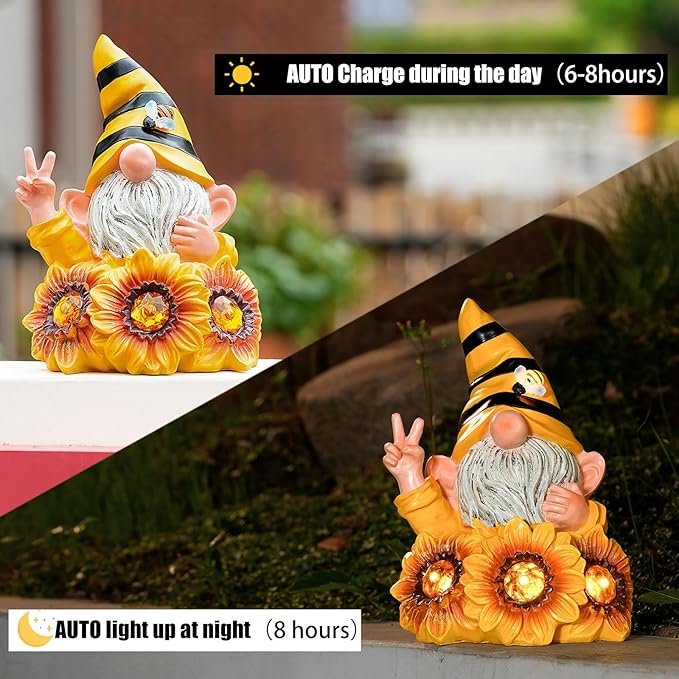 Joint Honglin Solar Garden Gnome Statue with Crystal Sunflower Lights - Outdoor Bee Gnome Figurine with Glowing Bee, Waterproof Resin Yard Art Decor for Patio, Lawn, Porch, Summer Gardening Gift