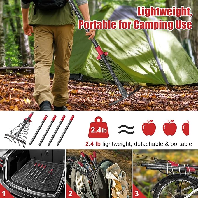 Adjustable Leaf Rake - Metal Garden Rake with 8"-17" Expandable Head, 58" Long Handle, Lightweight Collapsible Design for Leaves & Pine Needles,Lightweight for Flower Beds,Yard, Shrubs,Camping