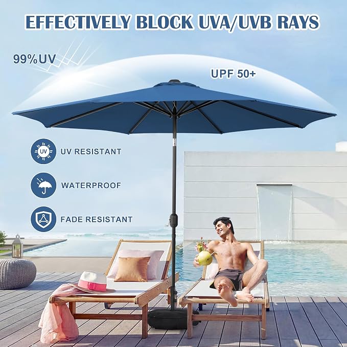 Sundale Outdoor 10 ft Patio Umbrella with Sand Bag Umbrella Base Included, Outdoor Umbrella with Tilt and Crank, Navy