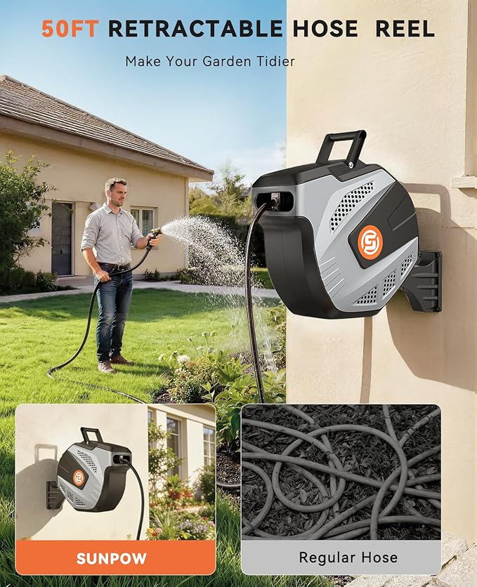 SUNPOW Retractable Garden Hose Reel - 1/2 inch x 50ft Heavy Duty Wall Mounted Hose Reel with 3/4 inch Brass Fitting & 10 Sprayer Nozzle - Any Length Lock, Auto Rewind System, 180°Swivel Bracket- Grey
