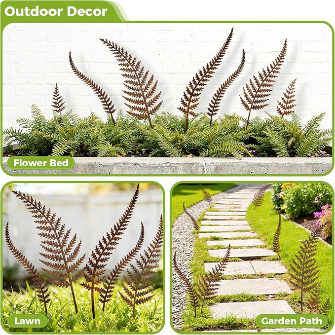 KODIBO 7-Pack Decorative Garden Stakes, Mixed Size Metal Fern Stakes, Rusty Metal Flowers Wall Decor, Yard Ornaments Outdoor and Garden Decorations, Flower Bed Lawn Yard Courtyard Decor