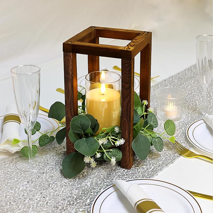 36 Pcs Wooden Lantern Centerpiece - Wedding Lantern with Eucalyptus Candles Wreaths LED Flameless Candles Rustic for Country Wedding Party Farmhouse Table Decor