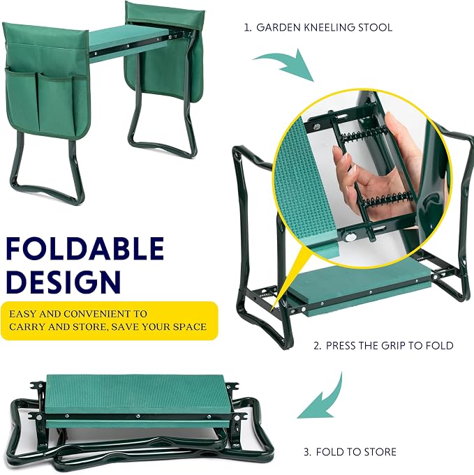 iPower Garden Kneeler and Seat Folding Stool, Thick Foam Kneeling Pad & 2 Removable Tools Pouch, Sturdy Steel Frame, Portable for Seniors, No Assembly Gardening Gift for Women Men