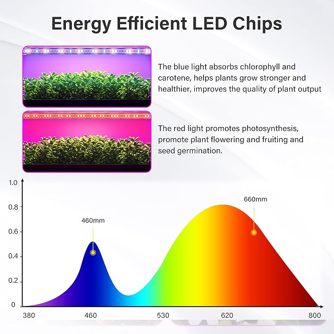iPower 2Pack 20W LED Grow Lights with Full Spectrum Plant Growing Light Strips for Indoor Plant with Auto ON/Off 3/9/12H Timer, 10 Dimmable Levels 48 LEDs Per Tude, 2 Tubes, Red&Blue