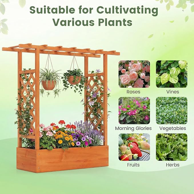 Giantex Wooden Raised Garden Bed with Trellis & Hanging Roof, 2 Pack Fir Wood Planter Box, 45" Freestanding Elevated Garden Bed for Outdoor Climbing Plants Vegetables Flowers, Patio & Balcony, Orange