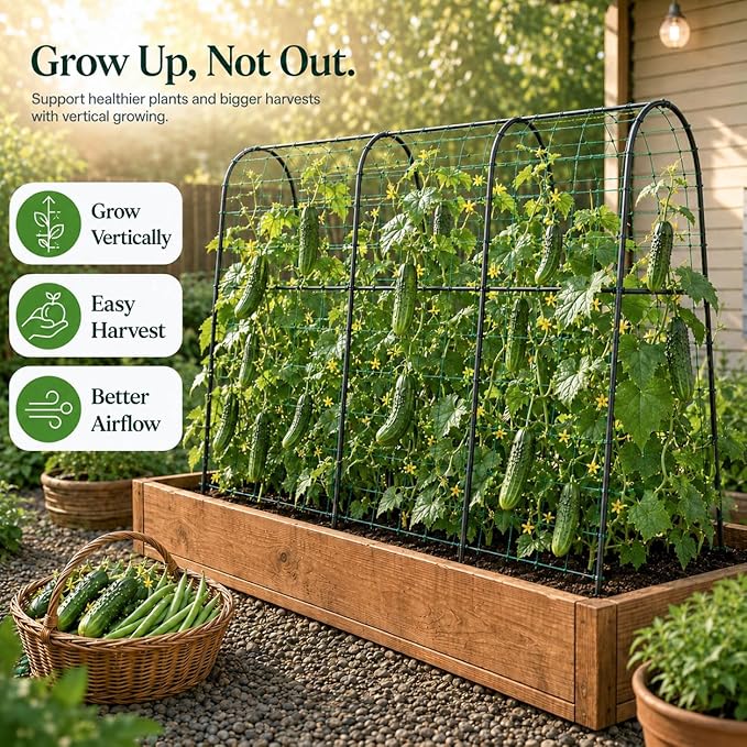 FOLLOOK Cucumber Trellis for Raised Garden Bed, Rustproof Metal Garden Arch Trellis for Climbing Plants Support Outdoor Fruit Grape Vine Vegetable Tomato Bean Pea Trellis, 63x48inch, Black