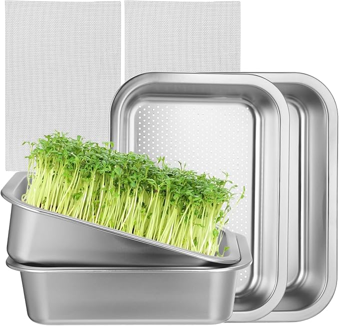 6Pack Microgreens Growing Kit,Stainless Steel Growing Trays Set with 2 x Fine Mesh, 2 x Drain Basin, and 2 x Tray, 10.4 x 7.7 in Sprouting Jar Greens Growing kits for Sprouts, Cat Grass, Wheatgrass