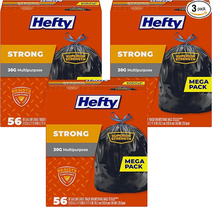 Hefty Strong 30 Gallon Trash_Bags, Large Trash-Bags 30 Gallon Size, Durable Drawstring Enclosure, Resists Punctures, Leaks, and Tears, Black, Unscented, 56 Bags (Pack of 3)