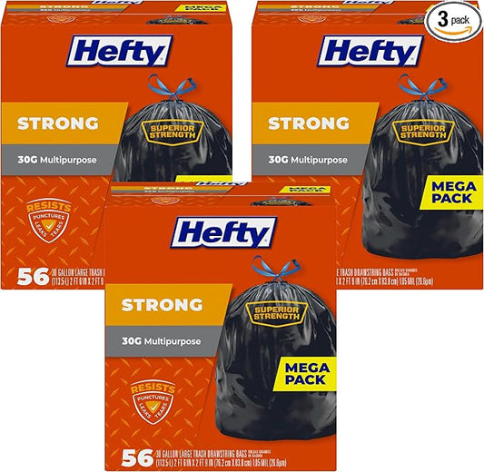 Hefty Strong 30 Gallon Trash_Bags, Large Trash-Bags 30 Gallon Size, Durable Drawstring Enclosure, Resists Punctures, Leaks, and Tears, Black, Unscented, 56 Bags (Pack of 3)