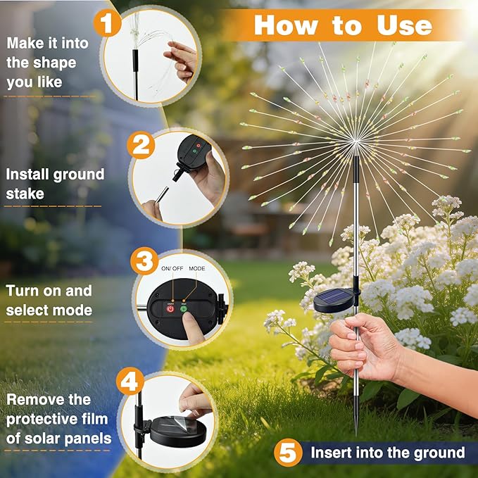 btfarm 10 Pack Solar Garden Lights Outdoor, 8 Modes Firework Lights Solar Powered, Waterproof Twinkle Fairy Light Outside for Yard Patio Pathway Pool Christmas Party Decorative, Multicolor