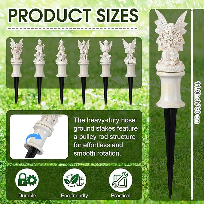 Zonon 6 Pcs Garden Hose Guide Stake Decorative 11.8 Inch Heavy Duty Metal Antique Water Hose Roller Guard Guide Stake Spike Resin Plant Saver Tools for Lawn Yard Garden(White,Fairy)