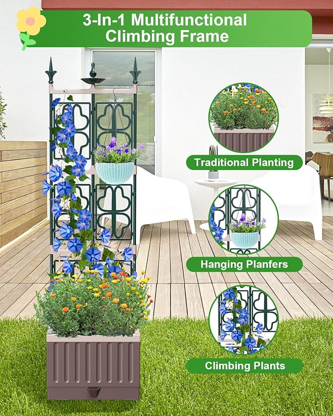 Raised Garden Bed Planter Boxes with Trellis,61.4" Self-Watering Trellis with Planter Box for Climbing Plants Flowers Vegetables,Use for Indoor Outdoor