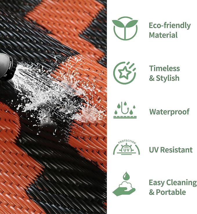 GENIMO Outdoor Rug for Patio, 6'x9' Fall Reversible Plastic Straw Rugs, Waterproof Halloween RV Camping Mat Lightweight Carpet for Camper, Balcony, Deck, Backyard, Picnic, Black Orange