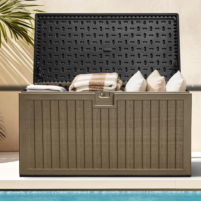 DWVO 260 Gallon Resin Outdoor Storage Box, XXL Double-Wall Waterproof Deck Box with Divider, Doubles as Table or Seating with 1000 lbs Capacity, Lockable (Black&Brown)