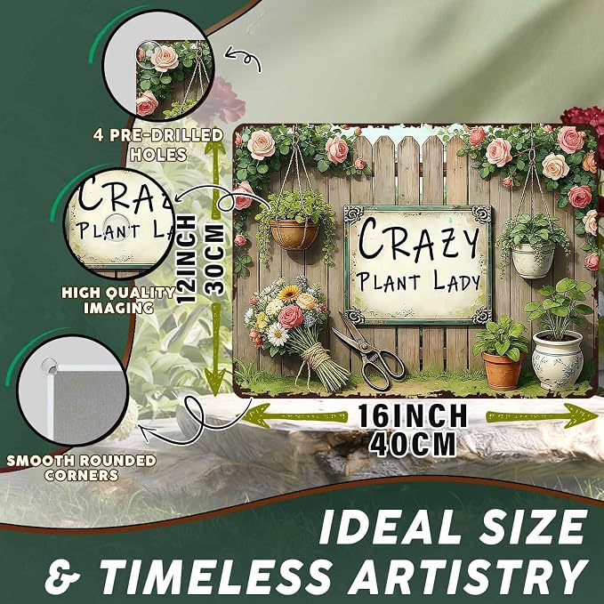PEACHGARDEN Garden Signs Gardening Wall Decor For Woman Gift Crazy Plant Lady Metal Sign Wall Art Decor For Garden Yard Patio Plant Room Greenhouse 12x16 inch