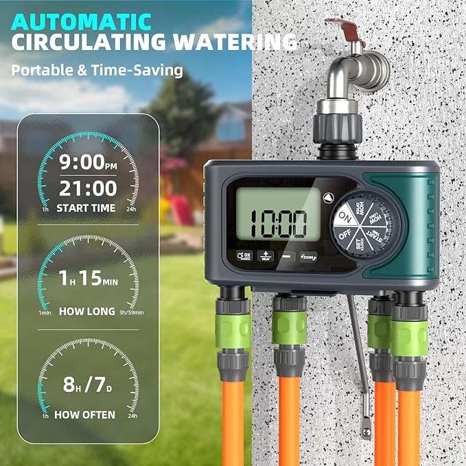 Sprinkler Timer for Outdoor Hose Faucet 4 Zone, Programmable Hose Timer with Rain Delay/Manual/Automatic Watering System, Water Timers for Garden Hose, Digital Drip Irrigation for Yard Lawn Outdoor