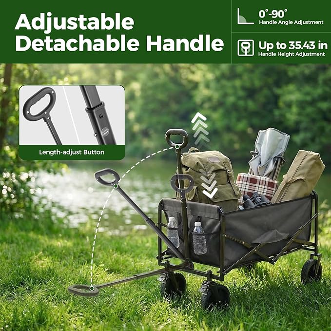 OLIXIS Collapsible Wagon 102L Standard Heavy Duty Utility Folding Wagon Cart with Lockable Brake Wheels – 330 lbs Weight Capacity, Flexible Handle for Beach, Grocery, Camping, Sports & Garden, Gray