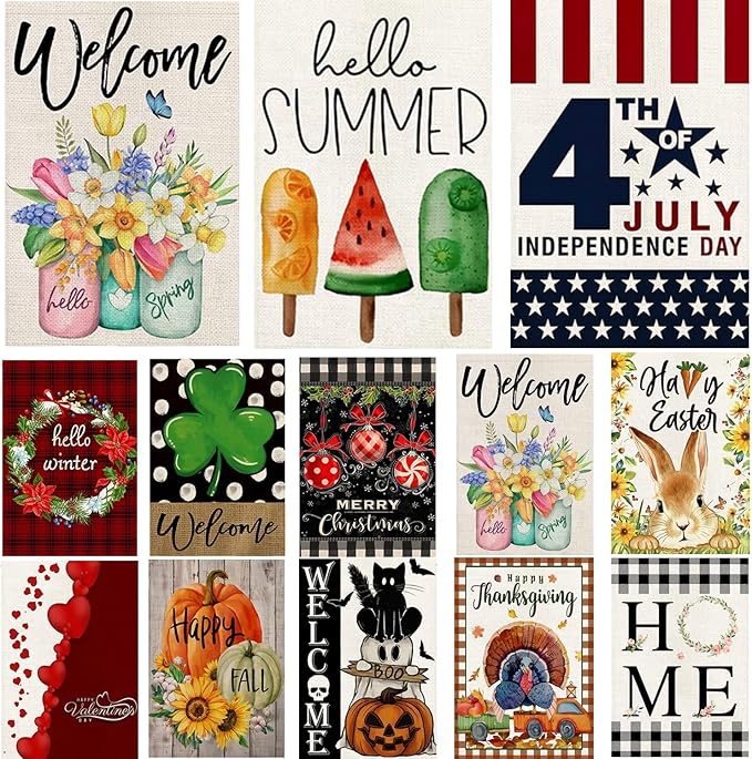 Garden Flags 12x18 Double Sided, Set of 12 Yard Flags for Outside Seasonal Garden Flag Outdoor Holiday Farmhouse Decorations Flags for All Seasons(Seasonal)