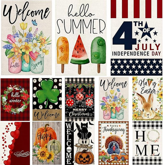Garden Flags 12x18 Double Sided, Set of 12 Yard Flags for Outside Seasonal Garden Flag Outdoor Holiday Farmhouse Decorations Flags for All Seasons(Seasonal)