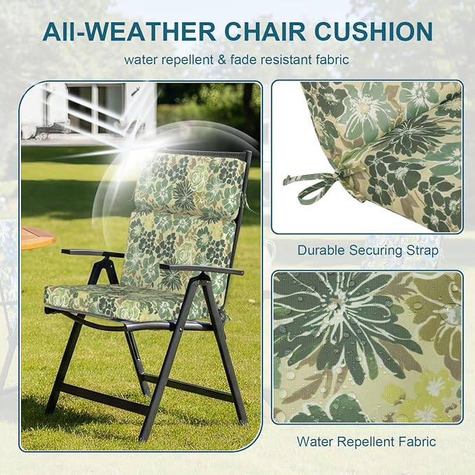 DYTXIII Outdoor High Back Chair Cushions Set of 2, 44"x22" Water Repellent Patio Seat Cushions with Elastic Sponge, All Weather Chair Pads for Rocking, Dining Chairs, Patio Furniture - Green Rose