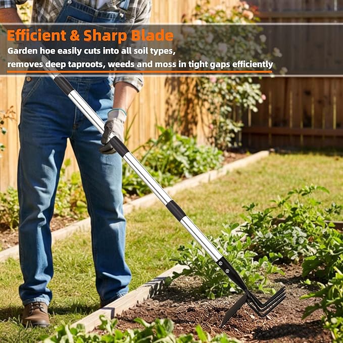 Garden Hoe & Cultivator, Efficient Long Handle Garden Tool, 2-in-1 Hand Cultivator and Gardening Hoe for Raised Beds, 60inch Heavy Duty Hoe Garden Cultivator for Loosening, Weeding, Planting