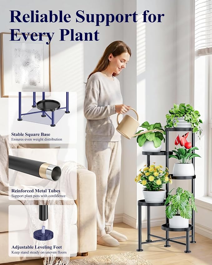Kitsure Plant Stand Indoor & Outdoor - 5-Tier Plant Shelf with Deep Trays & Leveling Feet, Easy Assembly, Space-Saving Tiered Plant Stand for Bedroom, Living Room, Porch, Black