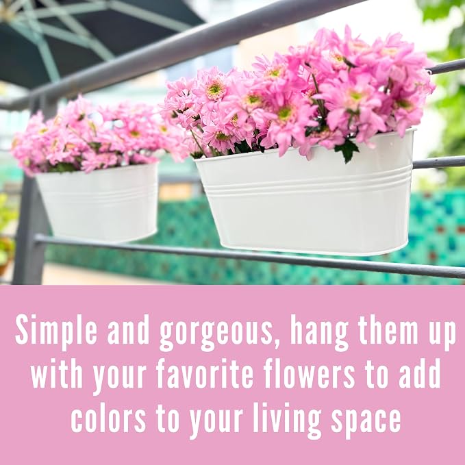 LaLaGreen Planter Boxes for Outdoor (4 Pack, 17 Inch) White Metal Deck Railing Hanging Flower Pots, Large Window Box Plant Holder Hooks Fence Rail Buckets Herb Boho Style Wall Mount Porch Garden Decor
