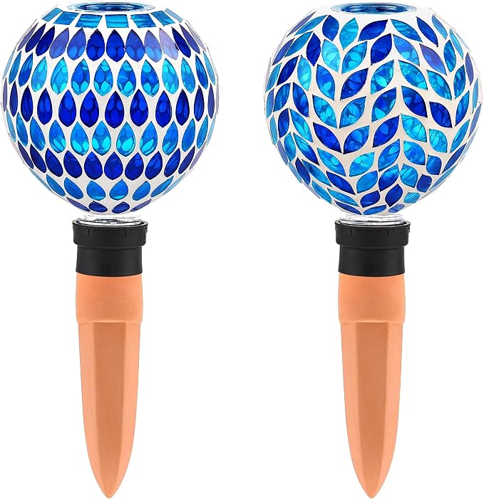 VOREEN Blue Mosaic Self Watering Globes 2 Pack, 500ml Handmade Glass Terracotta Plant Spikes, Automatic Self Watering Devices for Indoor Outdoor Pots, Decorative Water Saver Gift for Garden Lovers
