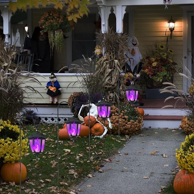 Dynaming 6 Pack Solar Halloween Flame Hanging Lights Outdoor, Flickering Flame LED Garden Lanterns with 4x38 Inch Shepherd Hooks, Landscape Lighting Waterproof for Lawn Yard Pathway Driveway, Purple