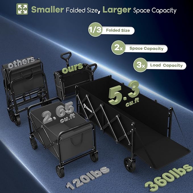 Hikemoon 43'' Extra Long Collapsible Wagon with Extended Tailgate, 360LBS Heavy Duty Wagons Carts Foldable, Portable Folding Outdoor Utility Cart for Grocery, Shopping, Beach, Camping, Black