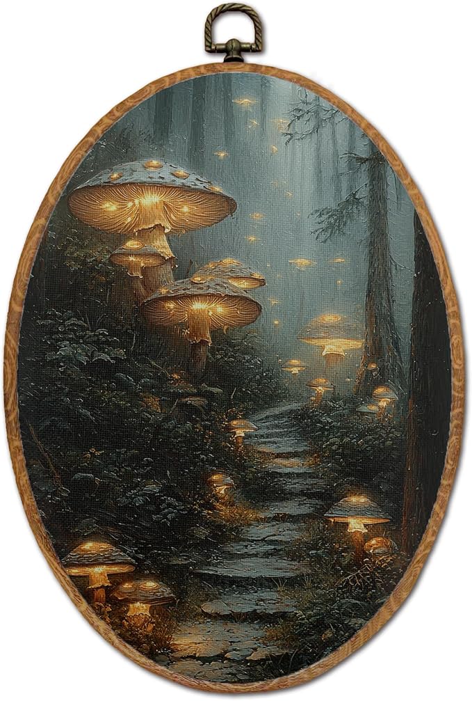 DOFQZ Enchanted Forest Mushroom Oval Wall Art Decor, Whimsical Mystical Mushroom Framed Wall Art, Dark Academia Fantasy Nature Forest Walls Hanging Decor for Home Bedroom Living Room, 8.5x11.5 Inch