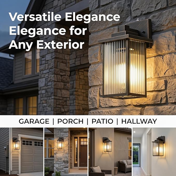 13-Inch Black Brush Gold Outdoor Wall Light, Dusk to Dawn Exterior Light Fixture, IP65 Waterproof Rust-Resistant Metal & Textured Glass Wall Mount Sconce for Porch Garage Entryway