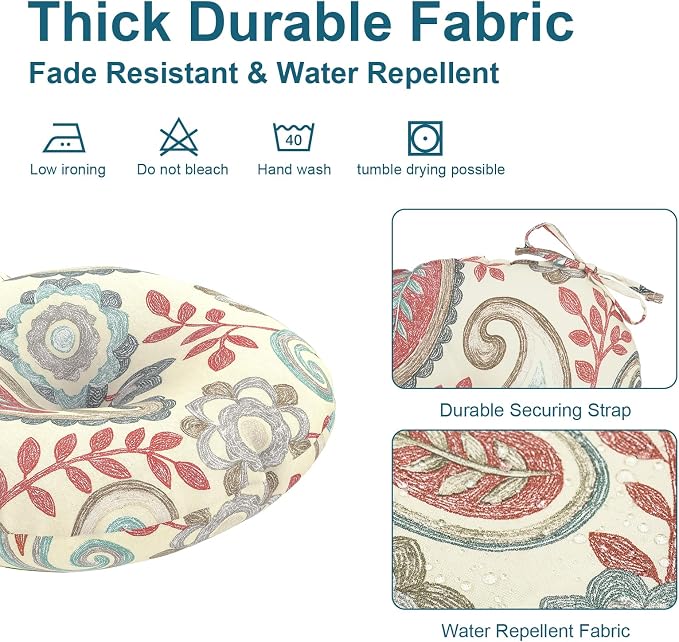 DYTXIII Set of 2 Outdoor Round Chair Cushions 15"x15"x4" with Ties, Water Repellent Tufted Bistro Seat Cushions, Thick Patio Chair Pads for Bar Stool, Garden & Dining Furniture - Paisley Vintage