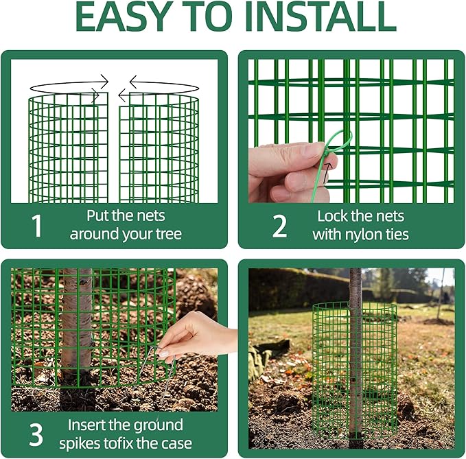17'' Tree Trunk Protector, 12 Pack Wire Plant Protector from Animals, Metal Tree Guards with Metal Stakes & Zip Ties,Mesh Tree Bark Protector from Deer Animals Trimmers Mowers
