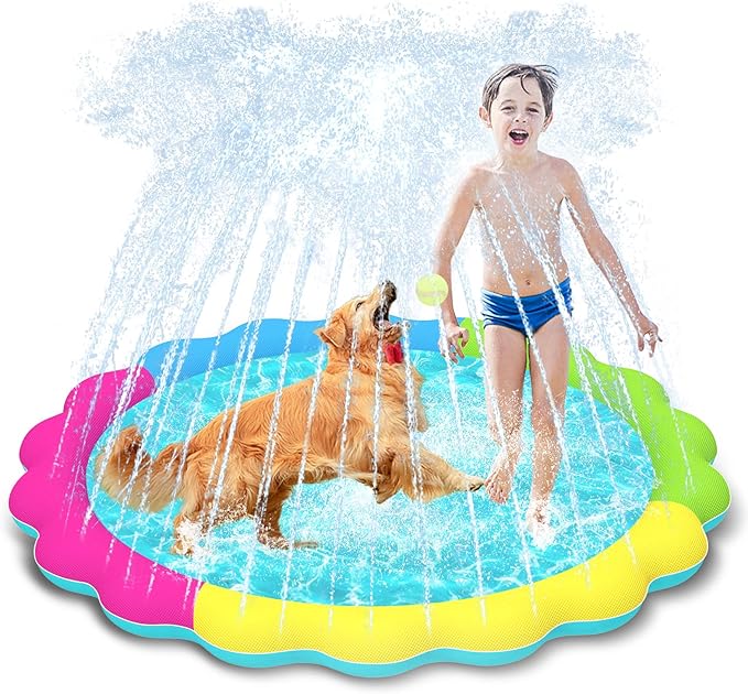 Raxurt Splash Pad, Anti-Slip Splash Sprinkler Pad for Kids Dogs 0.55mm Thickened Durable Upgrade Baby Splash Pad Summer Outdoor Water Toys Backyard Fountain Play Mat, Colorful