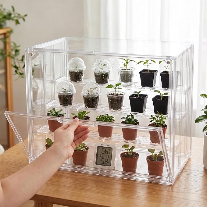 Klmnop Clear Mini Tabletop Greenhouse, Portable Small Indoor Greenhouse with Magnetic Waterproof Door for Seed Starting, Plant Warmth & Home Display, 14.2 x 8.7 x 10.6 Inch