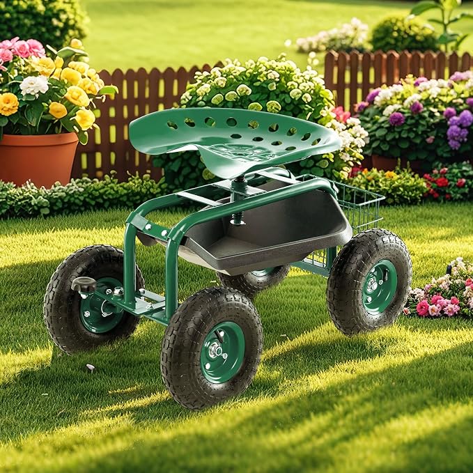S AFSTAR Rolling Garden Cart, Wagon Scooter with 360° Swivel Seat, Storage Tray, Basket & Rubber Wheels, Heavy-Duty Gardening Tool Cart for Weeding, Patio & Yard (Green)