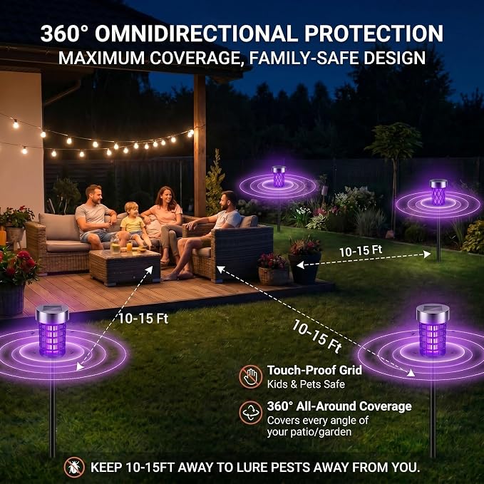 4 Pack Solar Bug Zapper Outdoor Waterproof Mosquito Repellent Outdoor Patio Mosquito Trap & Killer for Gnats, Moths, Flies, Small Flying Insect, Solar Powered Fly Zapper for Garden, Backyard, Camping