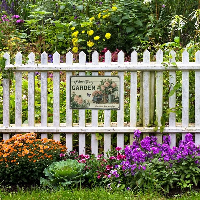 Vintage Garden Sign – 'Welcome to My Garden' | 12x8″ Floral Metal Garden Signs Decor for Outside, Gardening Gifts for Women & Mom, Plant Lover Gifts, 2681