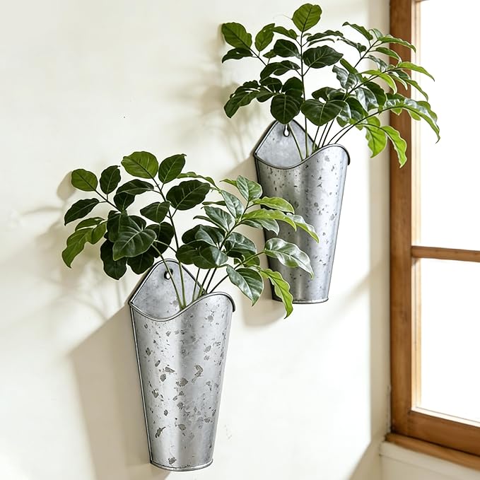12 Inches Galvanized Wall Planters, Set of 2 - Metal Hanging Flower Buckets for Farmhouse Decor, Tall Tin Vases for Dried Flowers & Greenery, Indoor Outdoor Country Decor