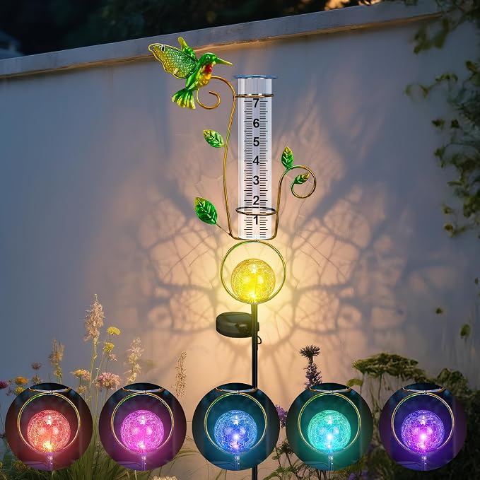 Rain Gauge Outdoor, for Women/Mom/Grandma, Upgraded Solar Rain Gauges Hummingbird with Color Changing LED Cracked Ball Lights 7" Measuring Cup for Yard Lawn Garden Decor