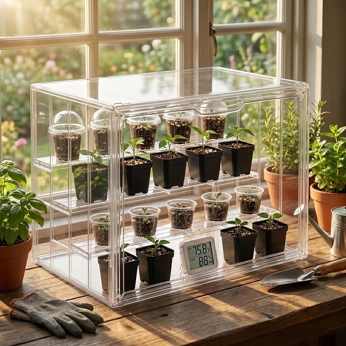 Klmnop Clear Mini Tabletop Greenhouse, Portable Small Indoor Greenhouse with Magnetic Waterproof Door for Seed Starting, Plant Warmth & Home Display, 14.2 x 8.7 x 10.6 Inch