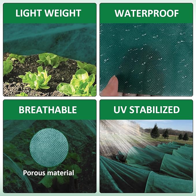 Plant Covers Freeze Protection, 10ft x 50ft 1.41 oz/yd² Frost Cloth Plant Blankets Floating Row Covers with 35 Stainless Steel Clips for Winter Plants Gardens Frost/Sun Pests Protection, Dark Green