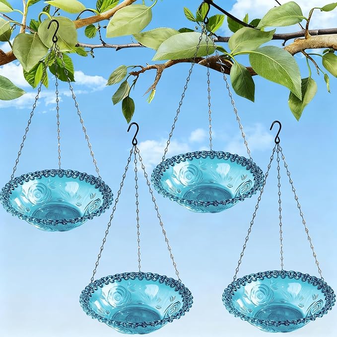 4 Pack Blue Hanging Bird Bath & Feeder, Plastic Water Seed Tray, Outdoor Decor for Wild Birds & Garden Yard