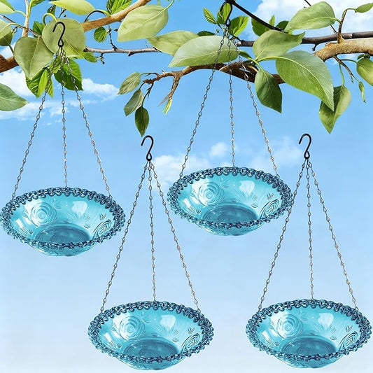 4 Pack Blue Hanging Bird Bath & Feeder, Plastic Water Seed Tray, Outdoor Decor for Wild Birds & Garden Yard
