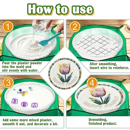 10 Set Reusable DIY Stepping Stone Mold Kit for Family Includes Round Cement Molds, Mosaic Tiles,Letter Mold Tiles,Carving Tools,Mat & Wire Outdoor Walkways Pavement Decoration ((10")