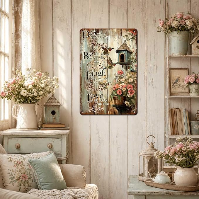 Garden Signs for Outside Vintage Hummingbird Tin Sign Inspirational Wall Decor Do What Makes You Happy Metal Decor Rustic Farmhouse Floral Wall Art for Garden Home Decoration 12x8 Inch