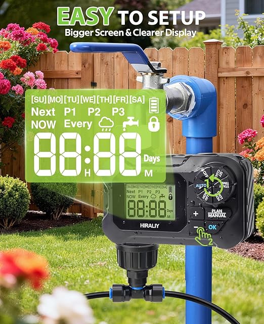 HIRALIY 100FT Drip Irrigation System with Timer, Pressure Compensated Watering Kit with 24 Adjustable Emitters, Quick Connect Garden Irrigation for Raised Beds, Greenhouses and Garden Rows