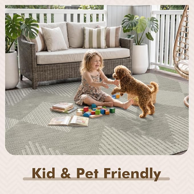 MontVoo-Outdoor Rug-Patio Rug 9x12 Polypropylene Indoor Outdoor Rugs Outdoor Carpet for Patio Deck Balcony Porch, Textured Weave, Durable for High Traffic, Fade-Resistant, Boho Geometric Silver Grey
