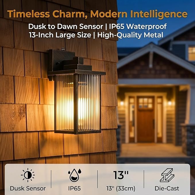13-Inch Black Brush Gold Outdoor Wall Light, Dusk to Dawn Exterior Light Fixture, IP65 Waterproof Rust-Resistant Metal & Textured Glass Wall Mount Sconce for Porch Garage Entryway